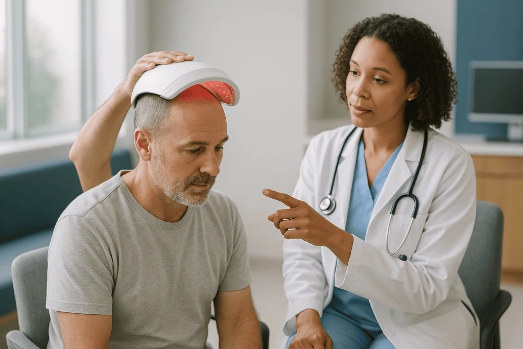 Doctor examining patient's head with red overlay effect: Who is a good laser hair therapy candidate?