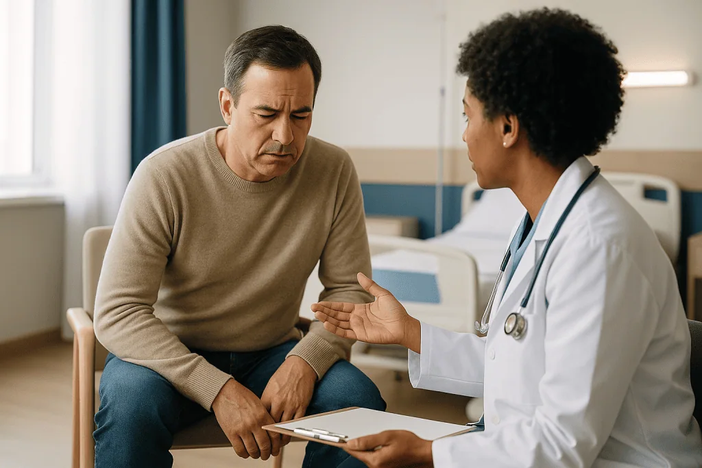 Doctor consulting patient in hospital room: Who is a hemorrhoidectomy usually for, and who is asked to wait?
