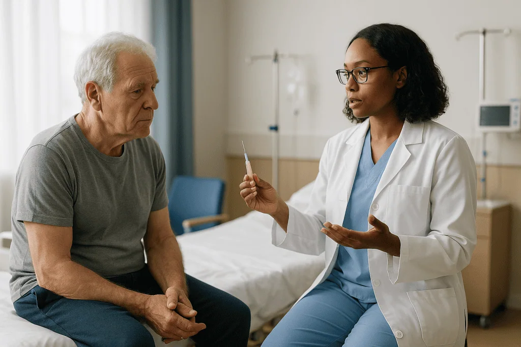 Doctor consulting elderly patient in hospital room: Who is a lumbar puncture usually for, and who is asked to wait?