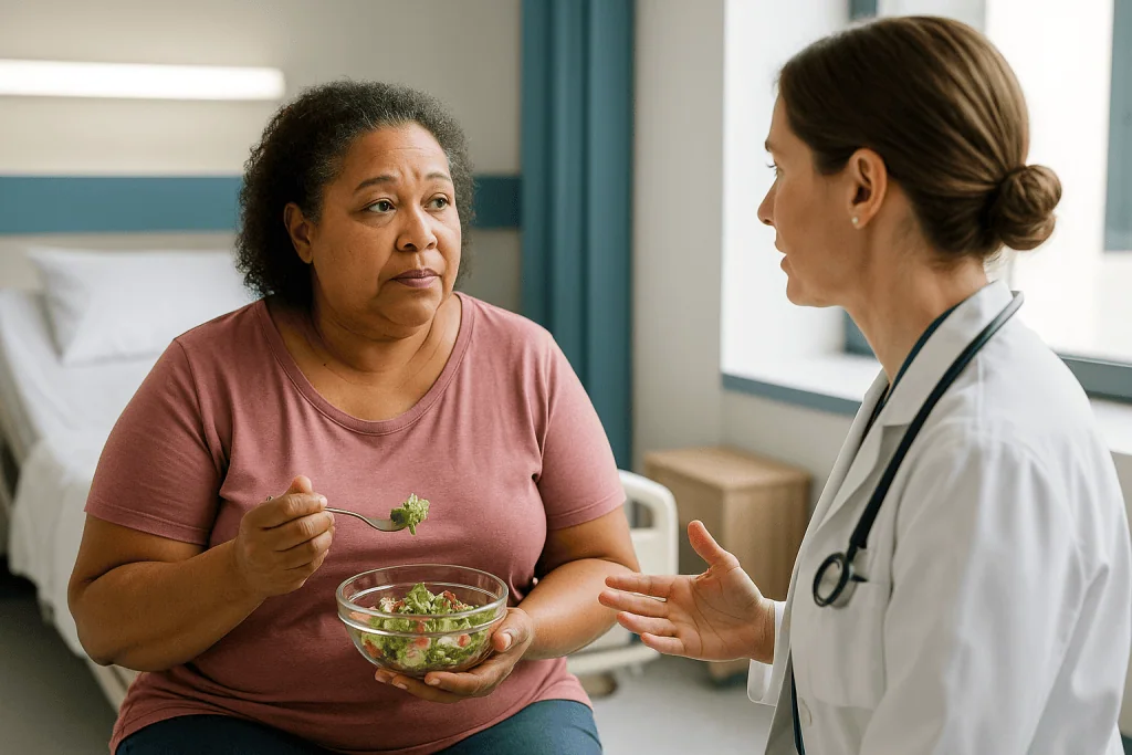 Doctor consulting patient about diet and nutrition: Who is a mini gastric bypass usually for, and who is asked to wait?