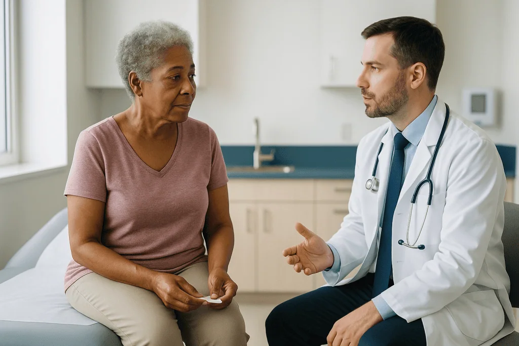 Doctor consulting with older female patient in clinic room: Who is a partial nephrectomy usually for, and who is asked to wa