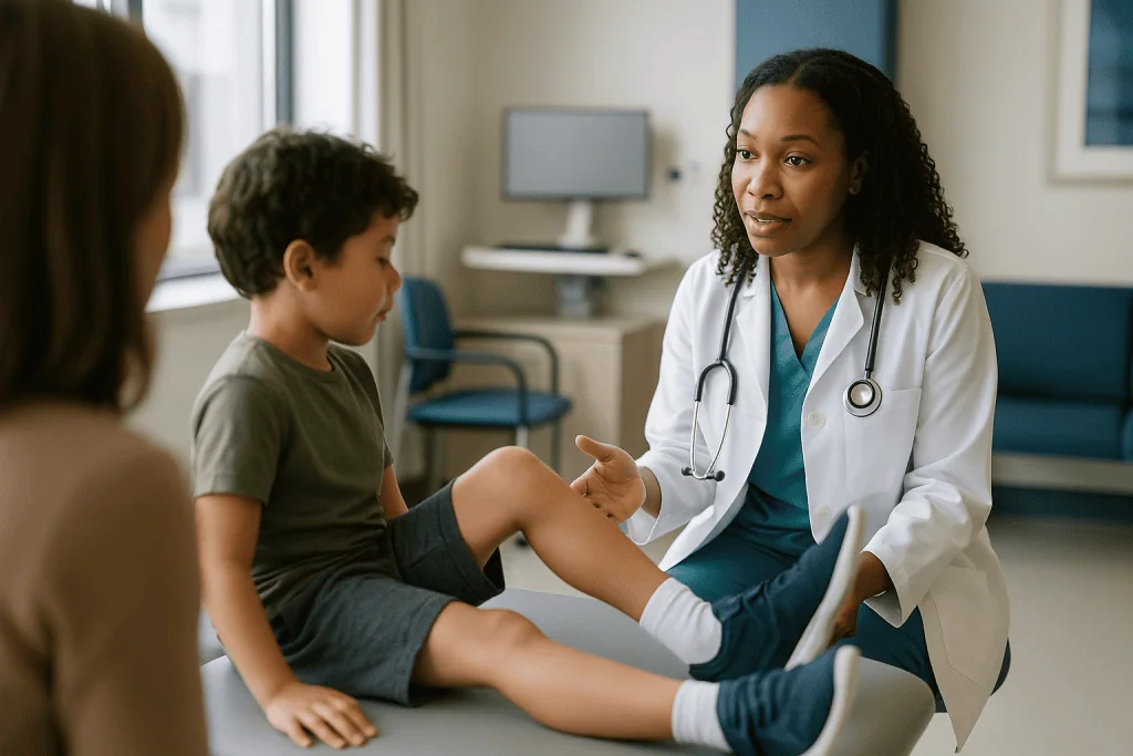 Pediatrician examining child's leg in clinical setting: Who is a pediatric home exercise program usually for, and who is ask