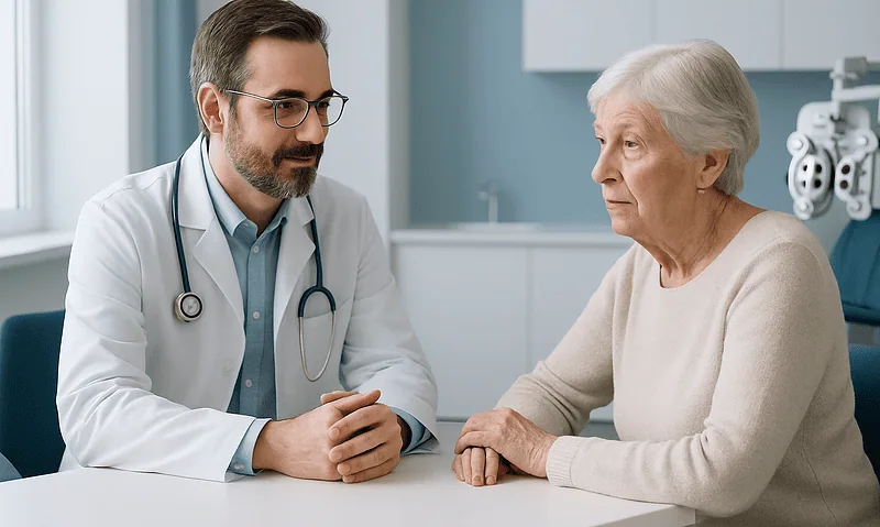 Optometrist consulting with elderly patient in a medical office.