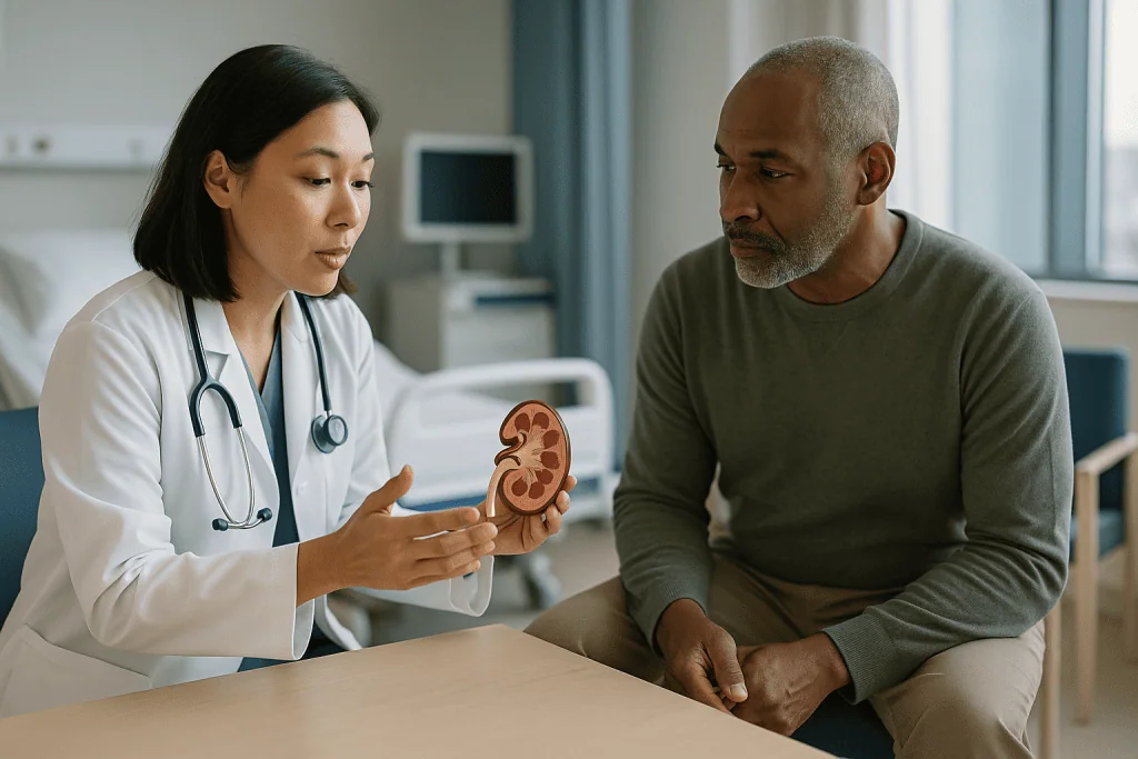 Doctor explaining kidney anatomy model to patient: Who is a robotic partial nephrectomy candidate? The short version