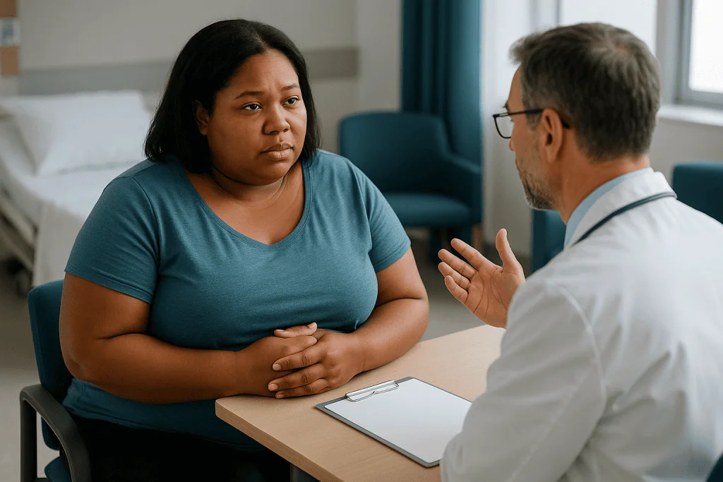 Doctor consulting with patient in hospital room: Who is a sleeve gastrectomy usually for, and who is usually asked to wait?