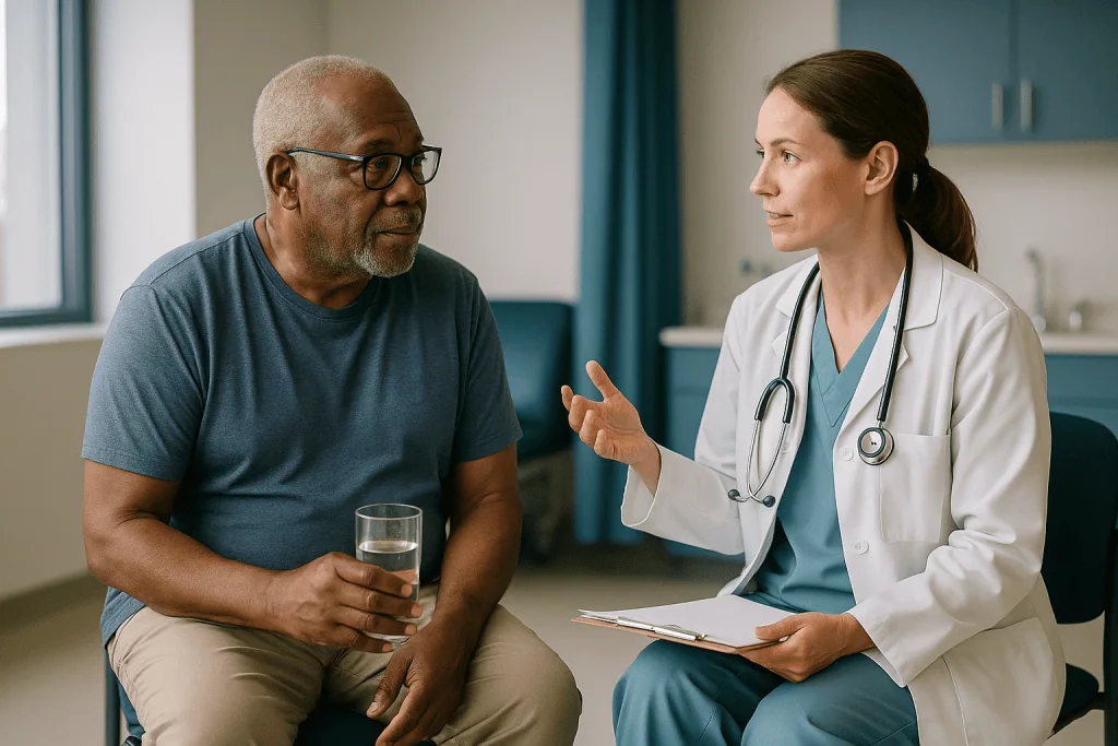 Doctor consultation with male patient in clinical setting: Who is a TURP usually for, and who is usually asked to wait?
