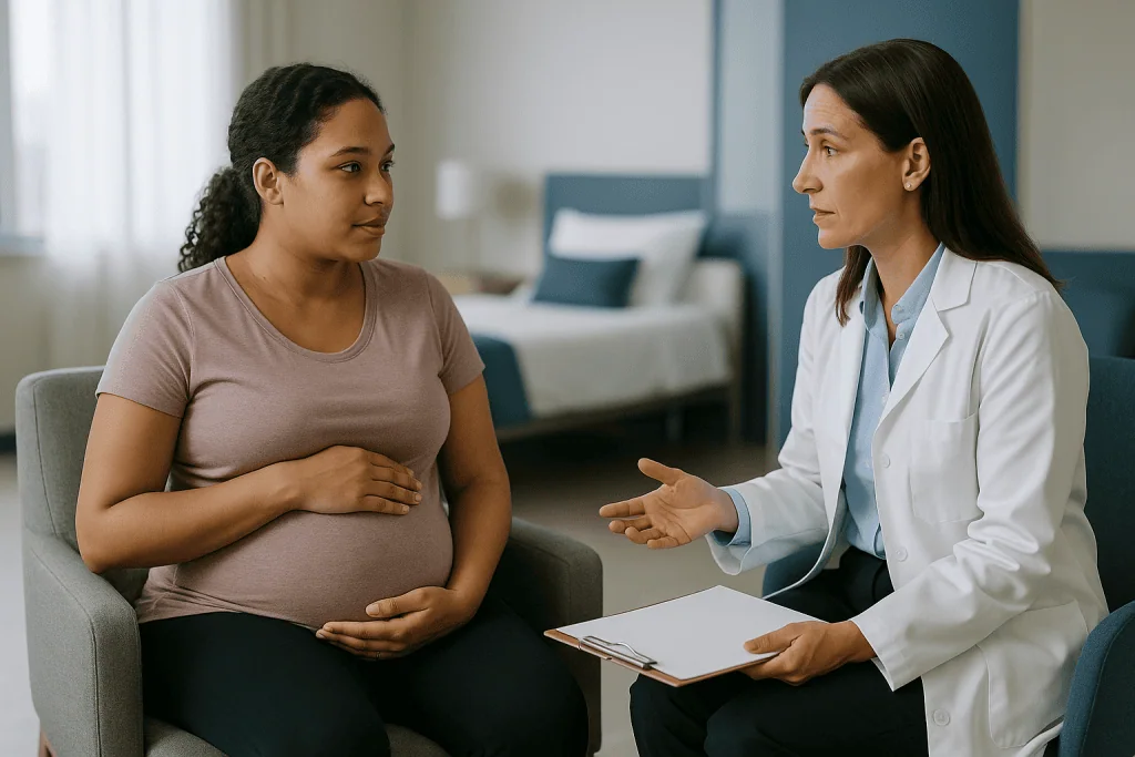 Pregnant woman in consultation with female doctor: Who is an aesthetic genital surgery candidate, and who is usually asked t