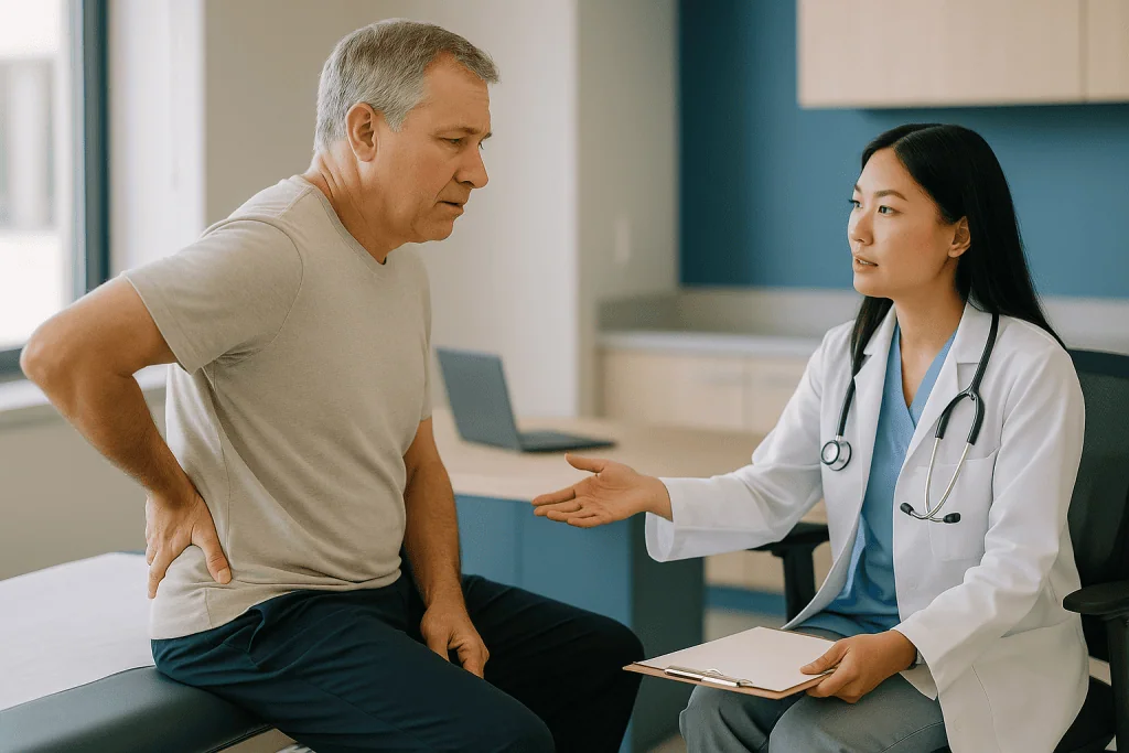 Doctor consulting male patient about back pain: Who is an endoscopic disc surgery candidate, and who is usually asked to wai