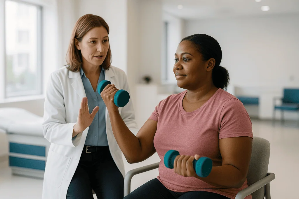 Physical therapist instructing patient with dumbbells in clinic: Who is arm liposuction usually for, and who is asked to wai