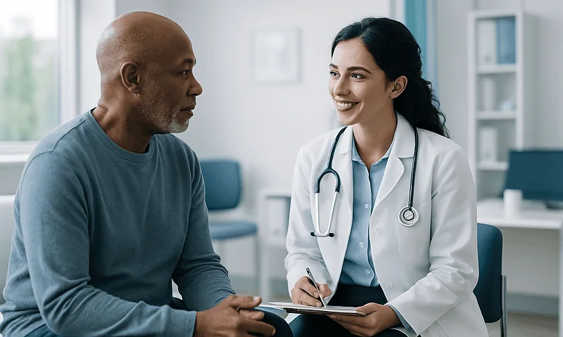 Doctor consulting with a patient in a medical office setting.