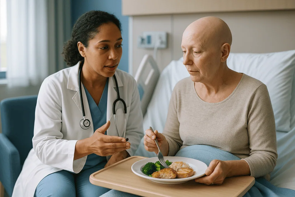 Doctor discussing nutrition with patient during hospital visit: Who is at highest risk, and why treatment is sometimes pause