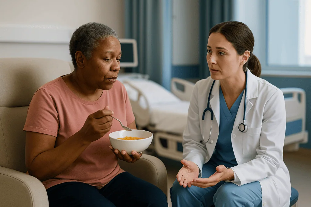 Doctor consulting patient eating soup in hospital room — Who is CAR-T usually for, and who is usually asked to wait?