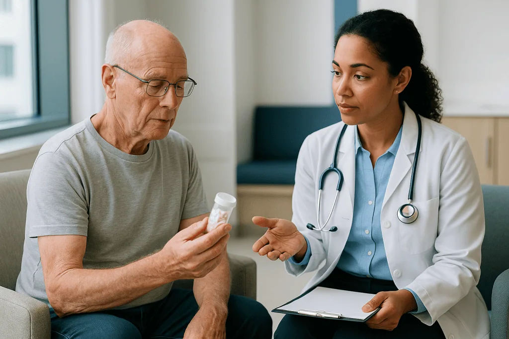 Doctor consulting senior patient about medication in clinic: Who is CML targeted therapy usually for, and who is asked to wa