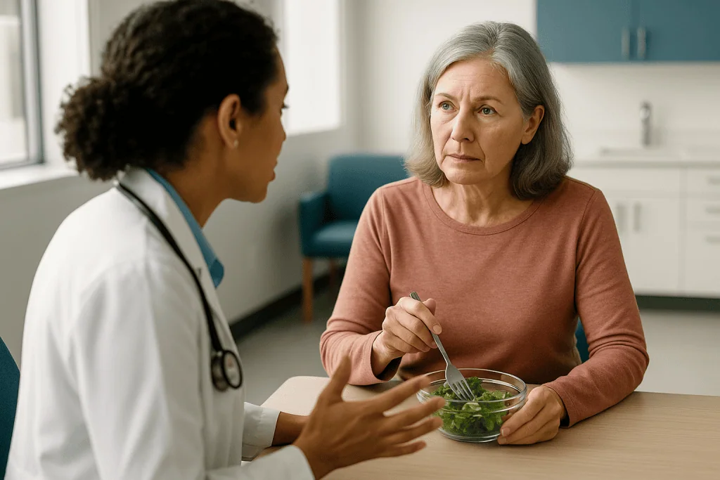 Doctor consulting patient about healthy eating with salad: Who is considered high-risk for pancreatic cancer?