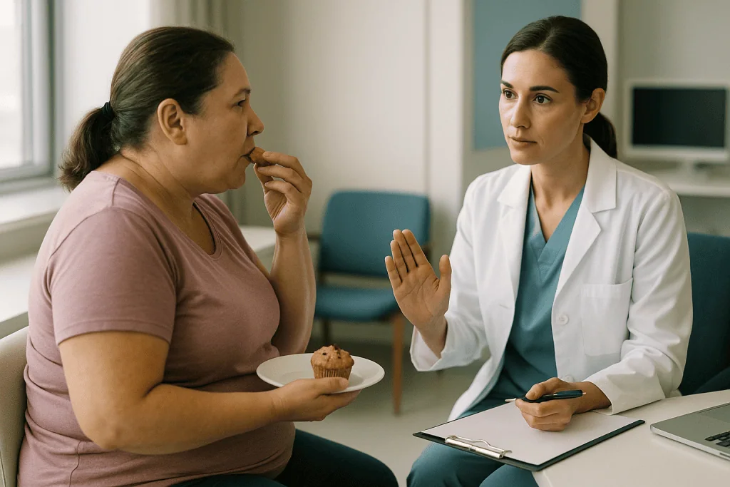 Doctor consulting patient about food/diet choices: Who is cosmetic surgery usually for, and who is usually asked to wait?