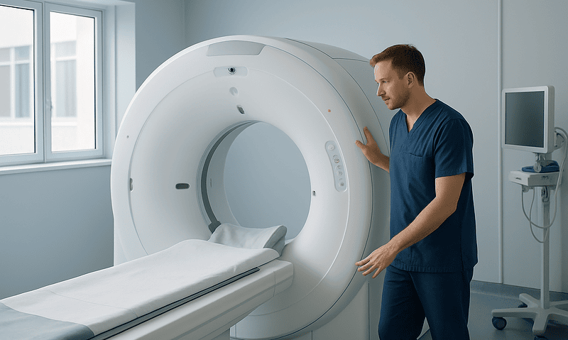 Medical professional prepares MRI scanner in hospital room.