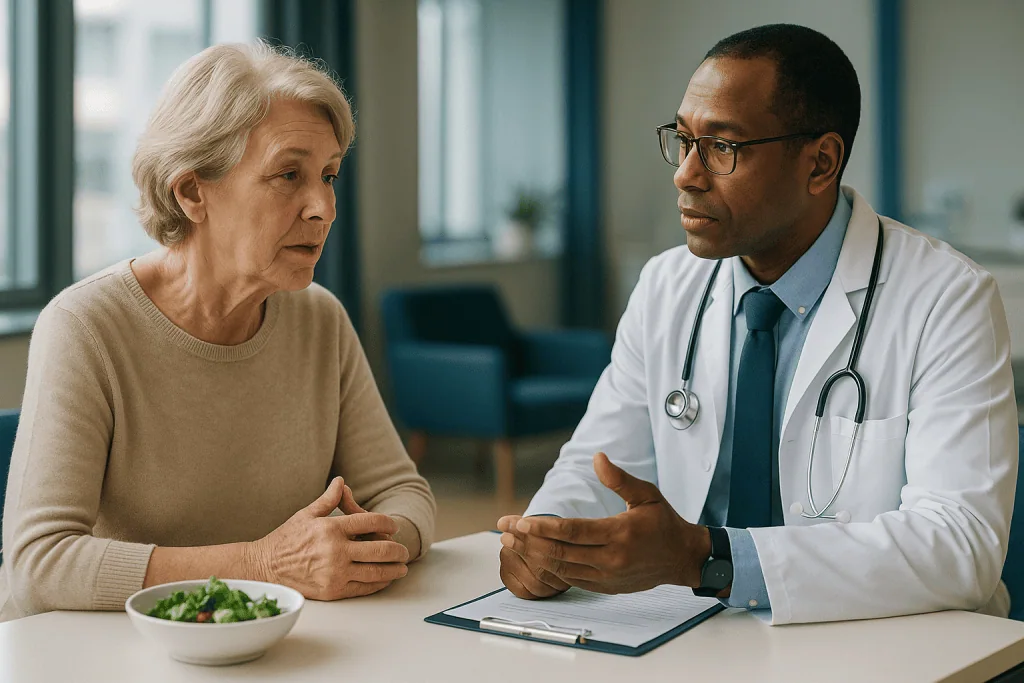 Doctor consulting with older female patient about health: Who is eligible for TAVI, and who is usually asked to wait?