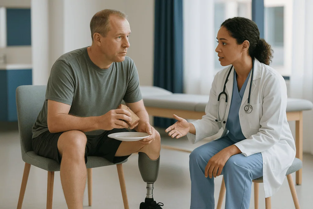Doctor consulting with male patient wearing prosthetic leg: Who is fitted early, and who is usually asked to wait