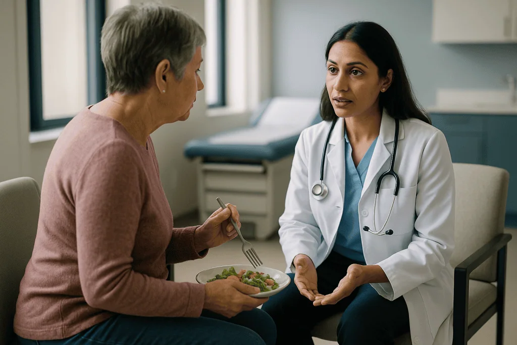 Doctor consulting patient about nutrition with salad plate: Who is followed most closely, and who is asked to wait
