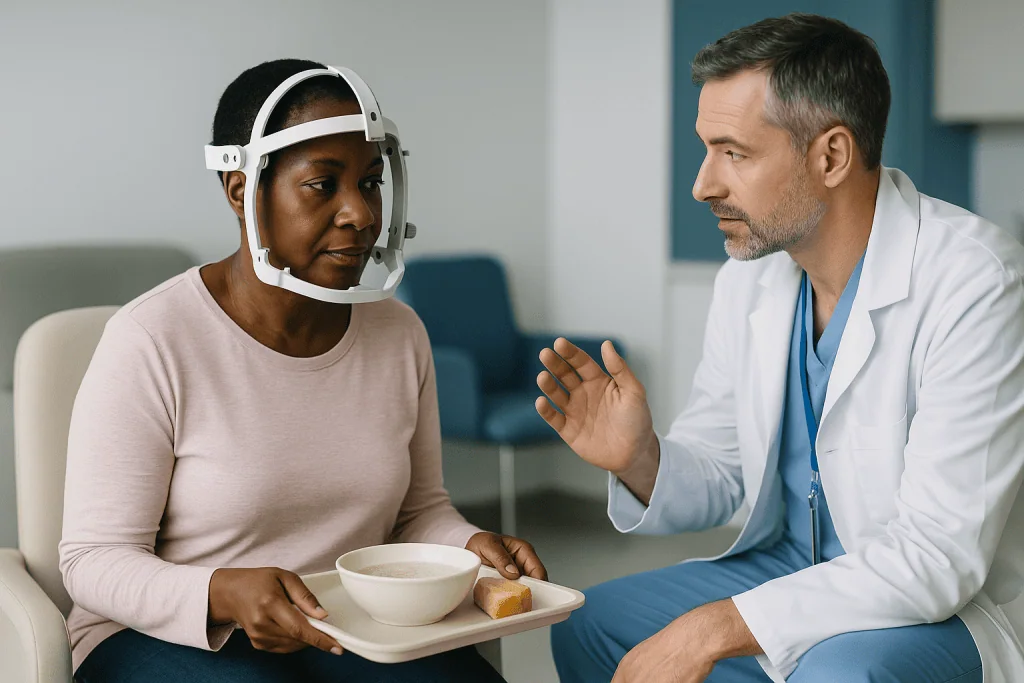 Doctor consulting patient wearing head stabilization frame: Who is Gamma Knife usually for, and who is usually asked to wait