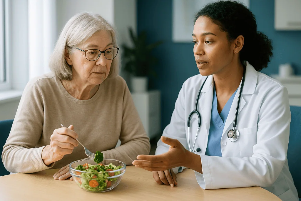 Doctor consulting elderly patient about healthy diet nutrition: Who is high risk for COVID, and why the list is longer than 