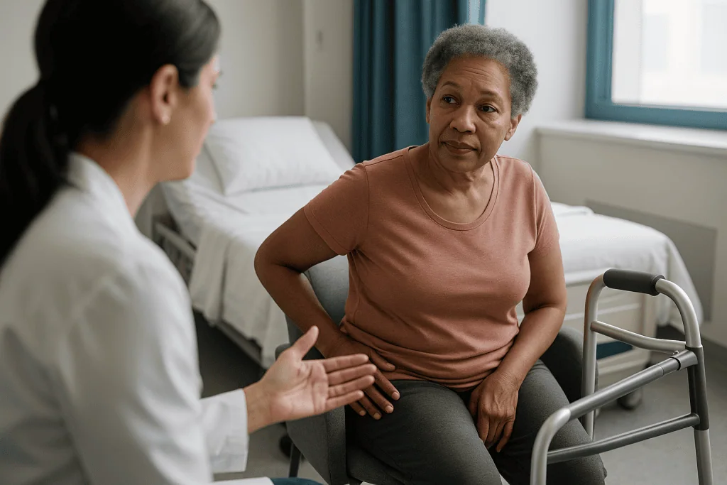 Healthcare provider consulting with senior female patient: Who is hip dysplasia surgery usually for, and who is asked to wai