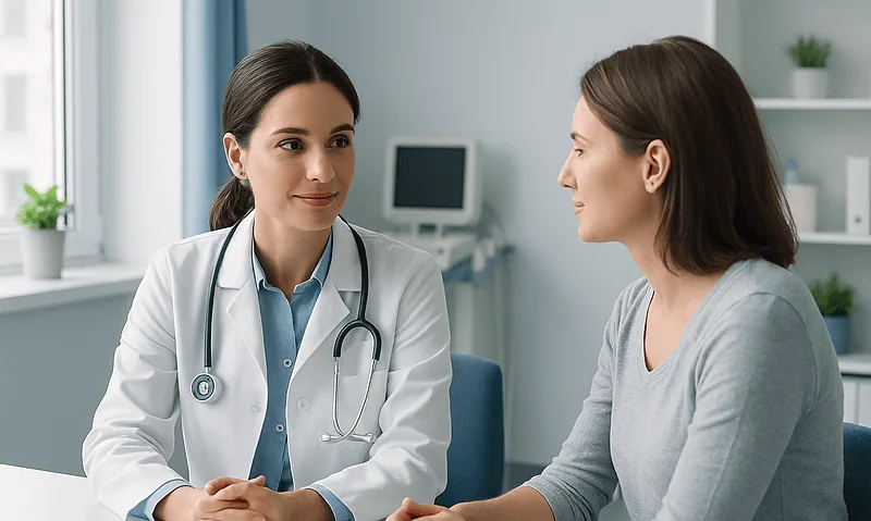 Doctor consulting with a female patient in a modern clinic setting.
