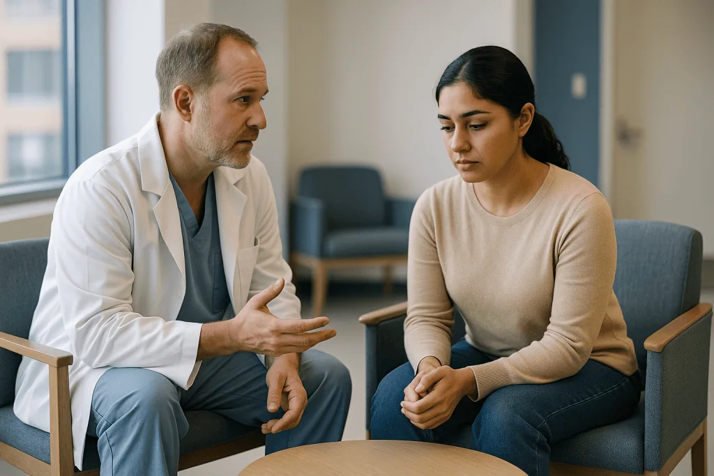 Doctor consultation with patient in clinical office setting: Who is ICSI usually for, and who is usually asked to wait?