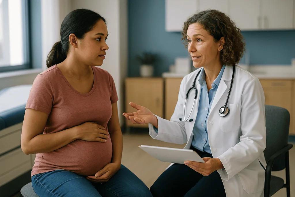 Pregnant woman consulting with female doctor holding tablet — Who is IVF usually for, and who is usually asked to wait