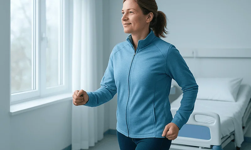 Woman exercising in hospital room with large window and bed.