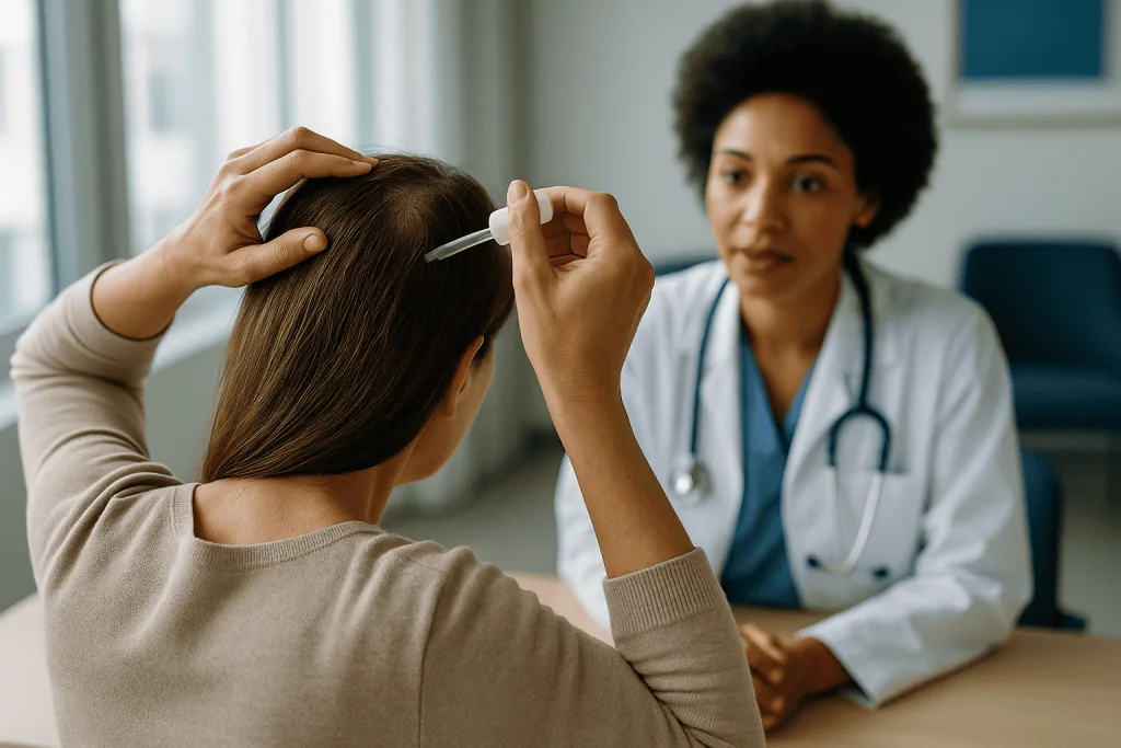 Doctor examining patient's hair and scalp: Who is minoxidil for women actually meant to help?
