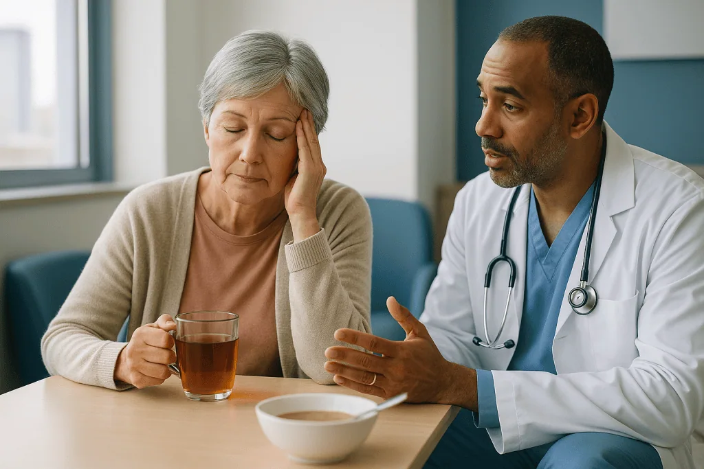 Doctor consulting with older female patient over tea — Who is most at risk — and who is usually told to rest and wait