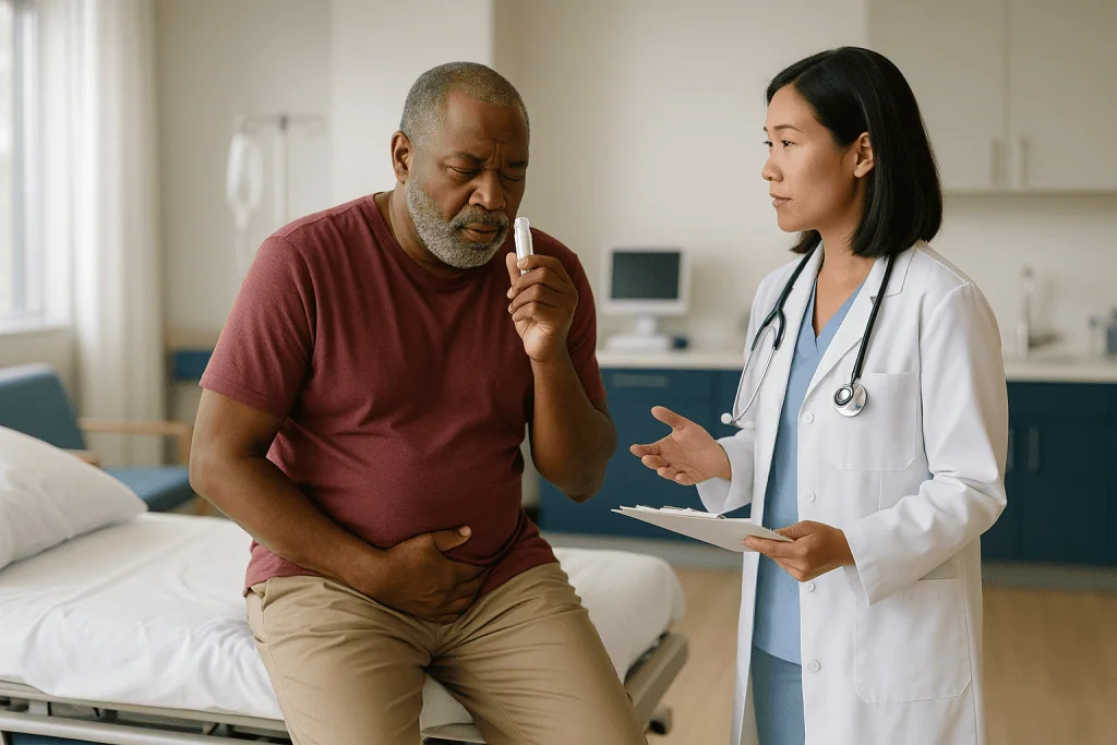 Doctor consulting male patient in clinical exam room: Who is most likely to get acute bacterial prostatitis, and who has hig