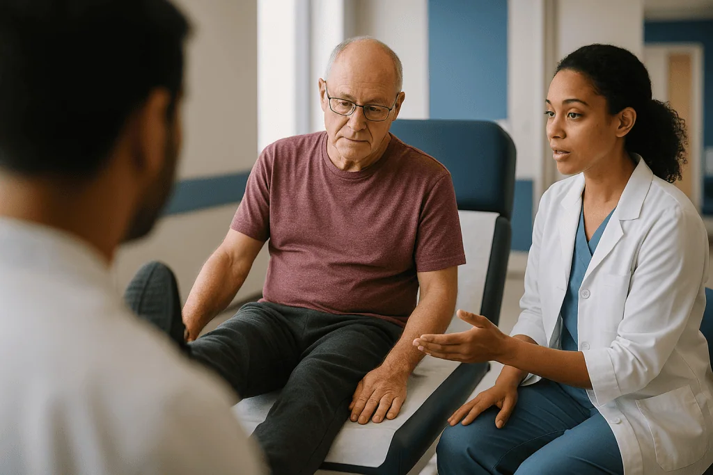 Healthcare professional consulting with older male patient: Who is motor neuron disease rehabilitation for, and who is usual