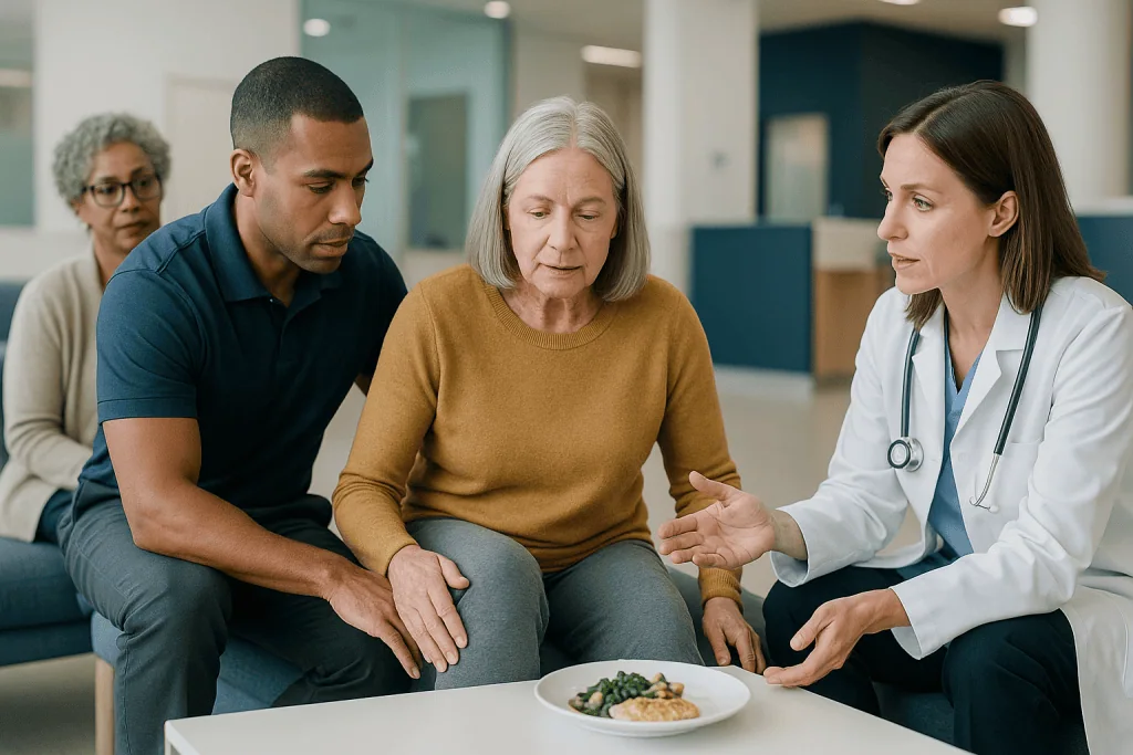 Doctor consulting with senior patient and family member: Who is on a chronic pain team, and what does each person do?