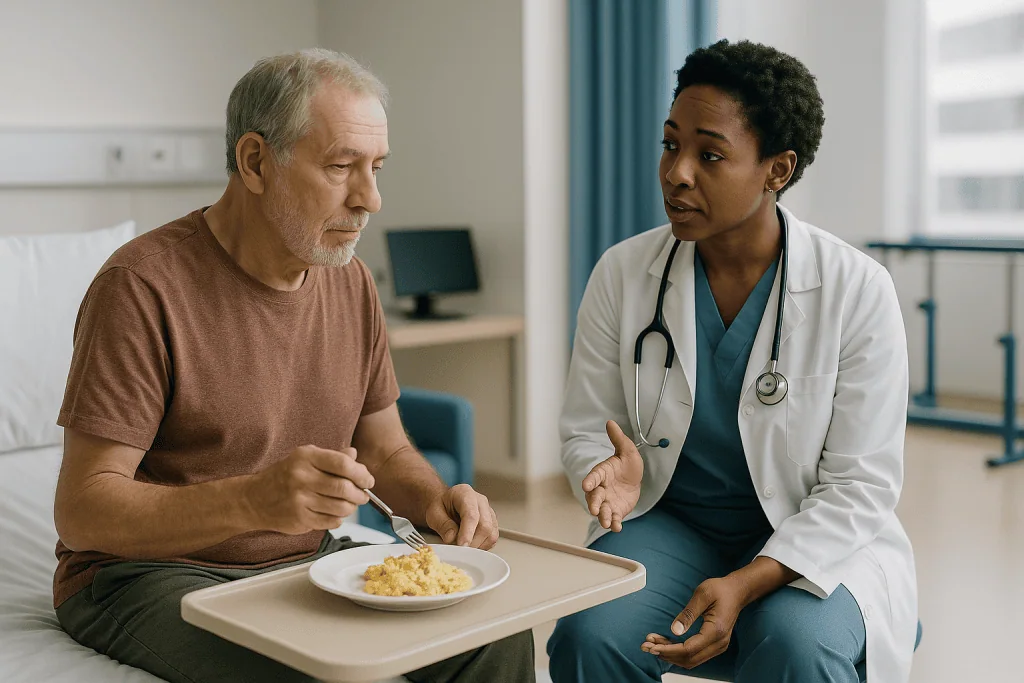 Doctor consulting elderly patient during meal in hospital room: Who is on the neurological rehabilitation team, and why so m