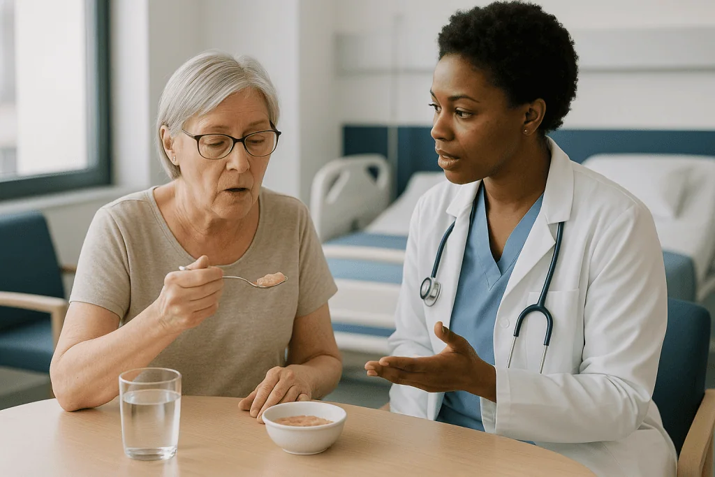 Doctor consulting elderly patient about nutrition/food: Who is on the neurorehabilitation team, and what does each person do