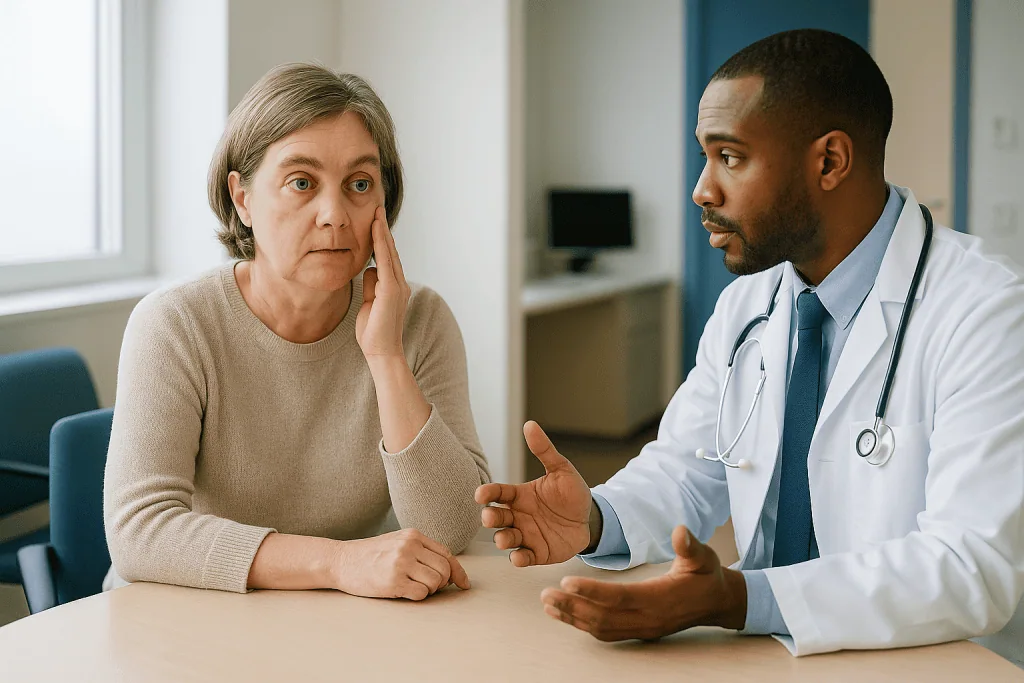 Doctor consulting with middle-aged female patient: Who is orbital decompression for thyroid eye disease usually offered to, 