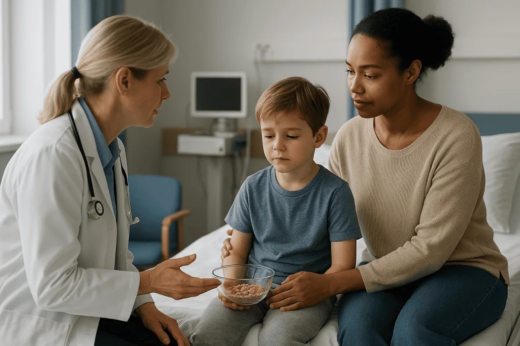 Doctor consulting mother and child with cereal bowl: Who is orchiopexy usually for, and who is asked to wait?