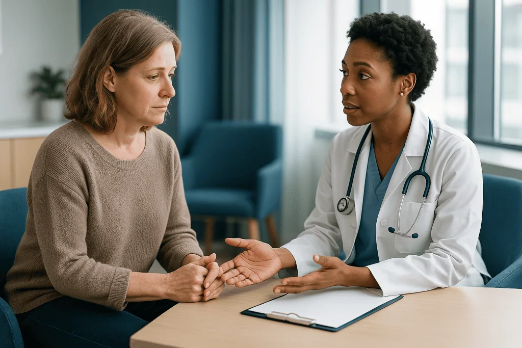Doctor consulting with middle-aged patient in clinical setting: Who is predictive testing for Huntington's usually offered t