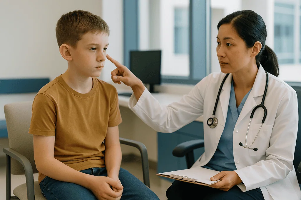 Female doctor examining young boy's face during consultation: Who is prominent ear surgery usually for, and who is asked to 