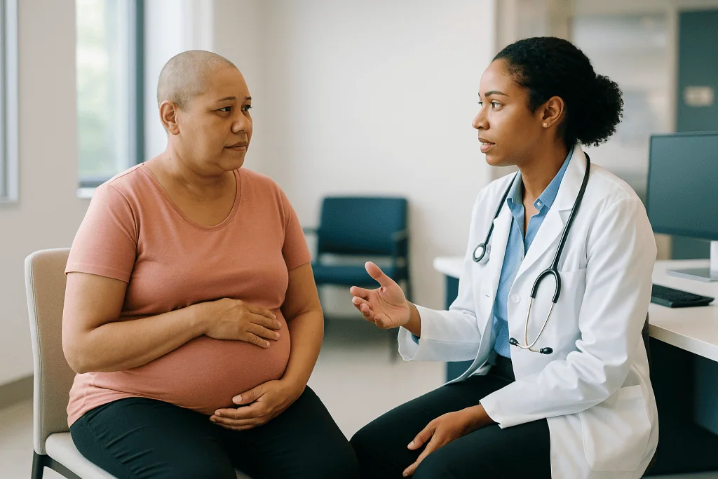 Doctor consulting pregnant patient in clinical setting: Who is radiation usually for, and who is usually asked to wait?