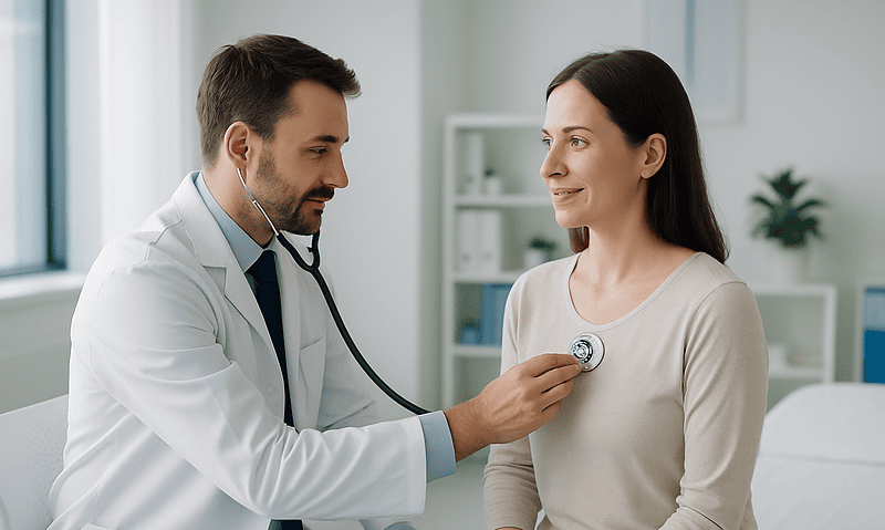 Doctor examining a woman patient with a stethoscope in a hospital room.