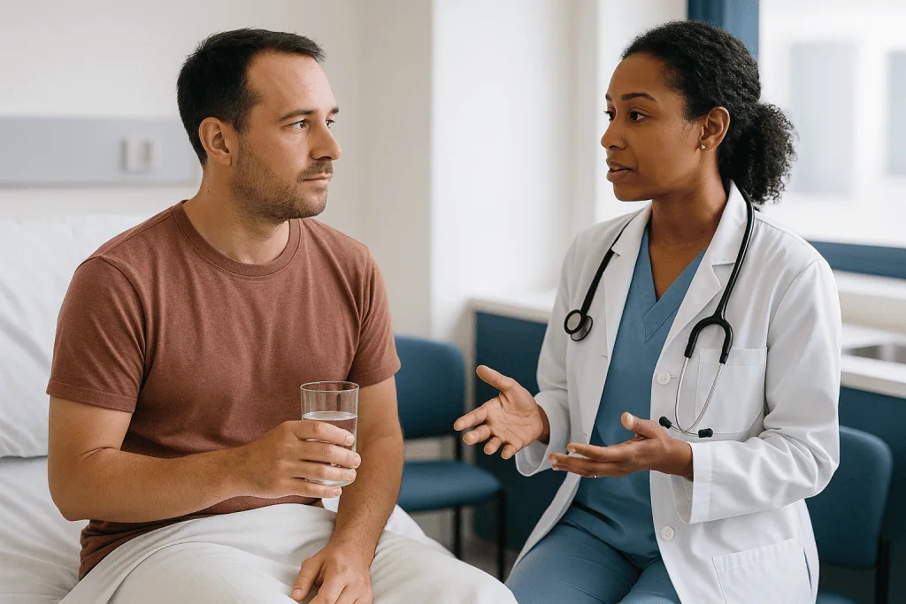 Doctor consulting with patient in clinical setting: Who is repaired right away, and who is asked to wait