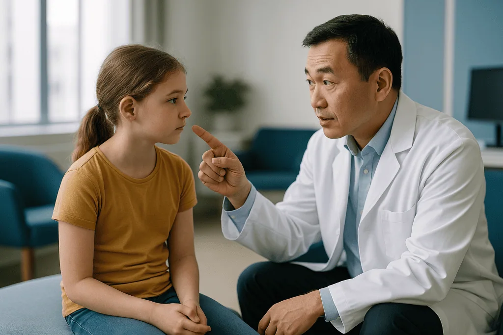 Doctor consulting child patient in clinical setting: Who is rib cartilage ear reconstruction usually for, and who is usually
