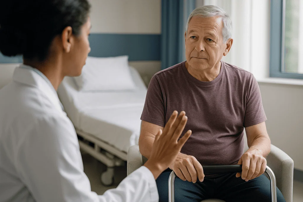 Doctor consulting with older male patient in hospital room: Who is robotic hernia repair usually for, and who is asked to wa