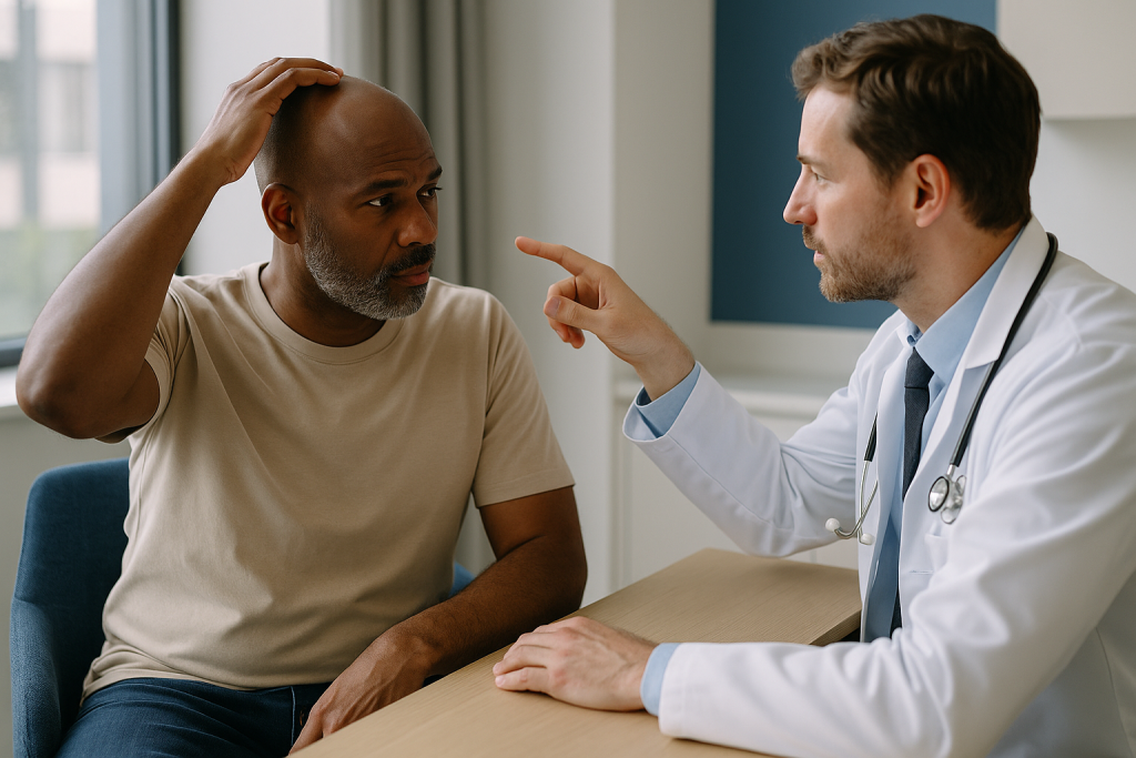 Doctor consulting with patient about general health concern: Who is sapphire FUE usually for, and who is usually asked to wa