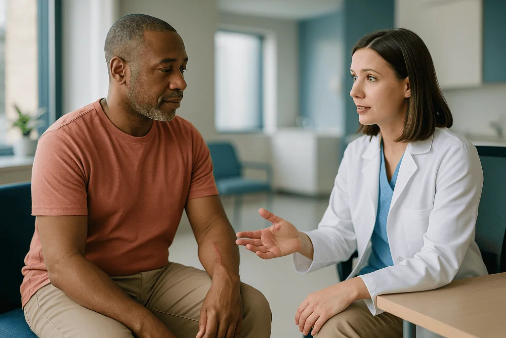 Doctor consulting with patient in clinical setting: Who is scar revision usually for, and who is asked to wait?