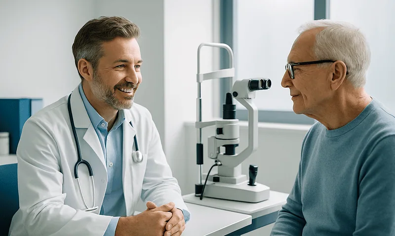 Ophthalmologist consulting with elderly patient in clinic setting.