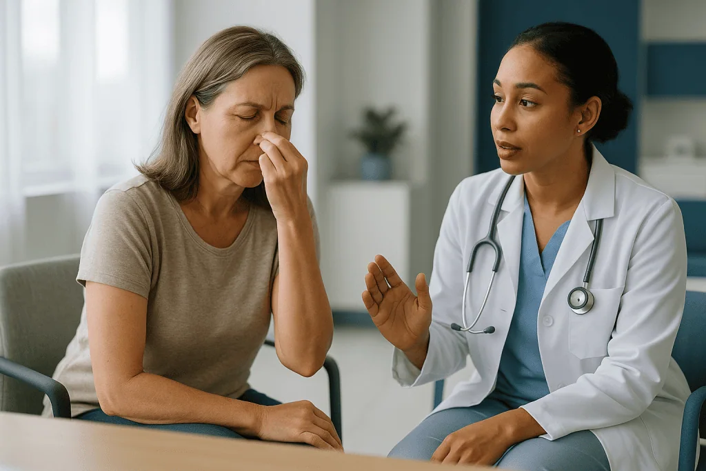 Doctor consulting with middle-aged female patient in clinic: Who is SMR nose surgery usually for, and who is usually asked t